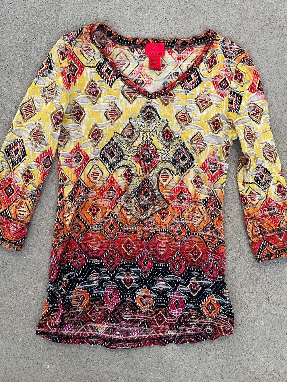 Y2K V Cristina Rhinestone Cross Tunic Top Boho Western Southwestern size M